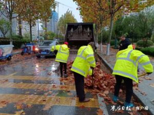 雨后落叶飘满街 环卫工人清理忙-爱山亭网